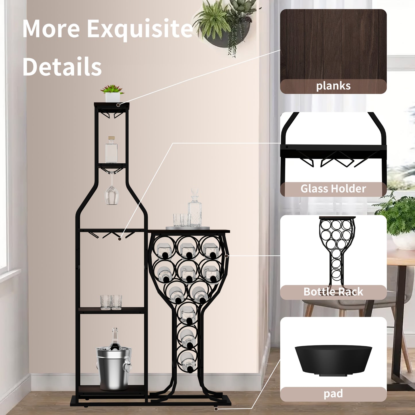 5-Tier Freestanding 11 Bottle Beverage Holder - Storage with Hanging Goblet Holder And Multiple Storage Shelves - Perfect for Home, Storage in Kitchen, Dining Room, Or Any Room, This Is The Perfect Piece of Storage Furniture