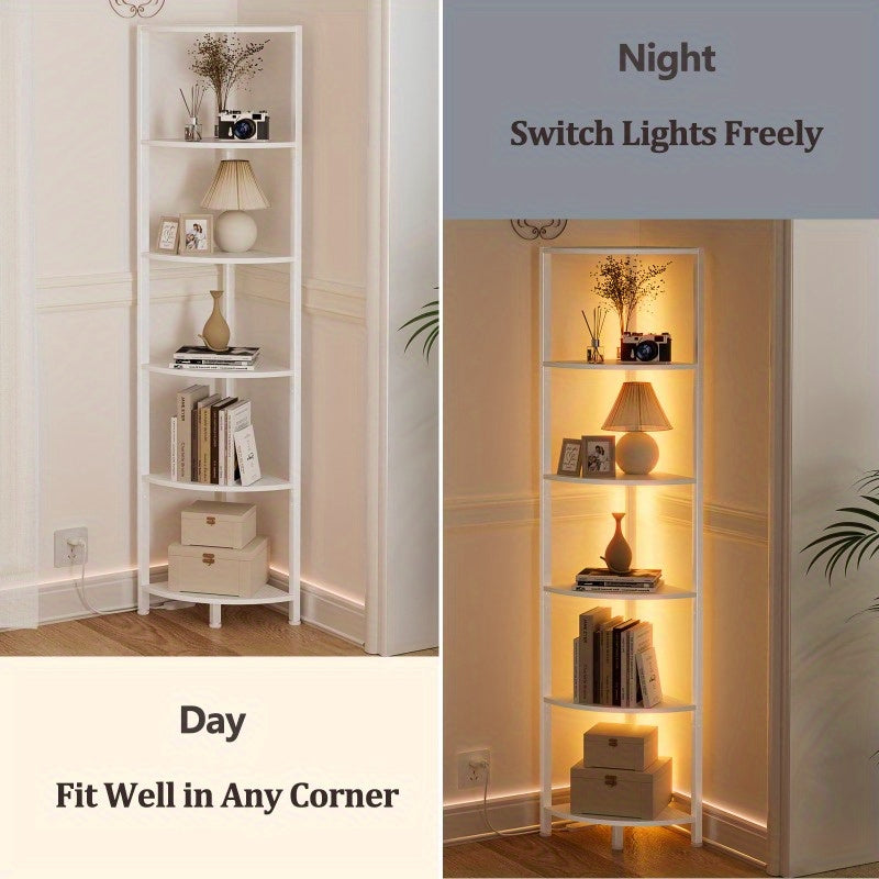 Furnulem Corner Shelf with LED Light, Home Storage Display in Small Space, Narrow Bookshelf in Home and Office