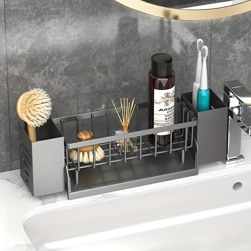 Versatile Kitchen Sink Organizer with Drain - Holds Sponges, Utensils & More, Includes Side Bars & Cutlery Holder, Perfect for Home Storage, Drying Racks