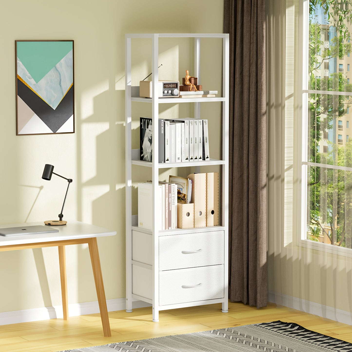 Furnulem Corner Shelf with LED Light, Home Storage Display in Small Space, Narrow Bookshelf in Home and Office