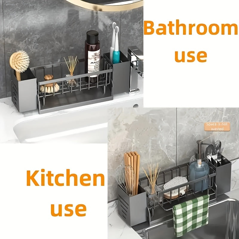 Versatile Kitchen Sink Organizer with Drain - Holds Sponges, Utensils & More, Includes Side Bars & Cutlery Holder, Perfect for Home Storage, Drying Racks