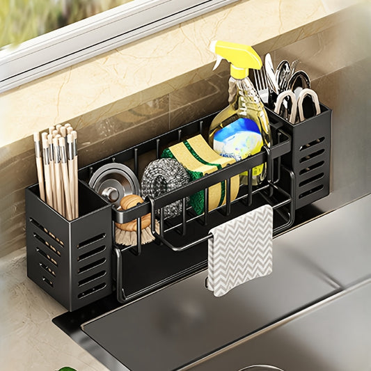Versatile Kitchen Sink Organizer with Drain - Holds Sponges, Utensils & More, Includes Side Bars & Cutlery Holder, Perfect for Home Storage, Drying Racks
