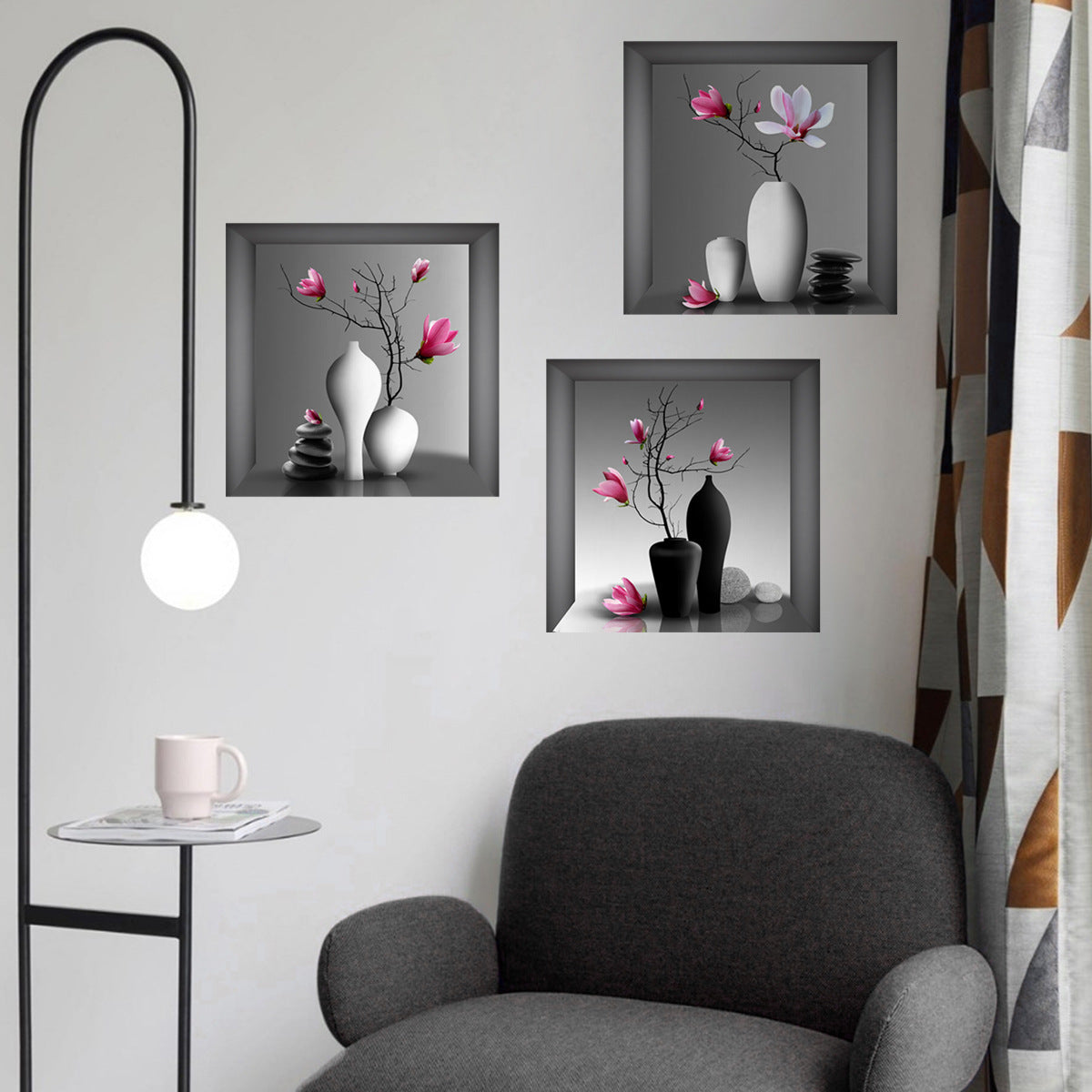 3pcs Elegant Floral Wall Decals for Bedroom and Living Room - Self-Adhesive Removable Stickers for Home Decor