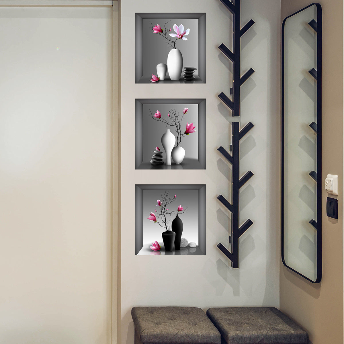 3pcs Elegant Floral Wall Decals for Bedroom and Living Room - Self-Adhesive Removable Stickers for Home Decor