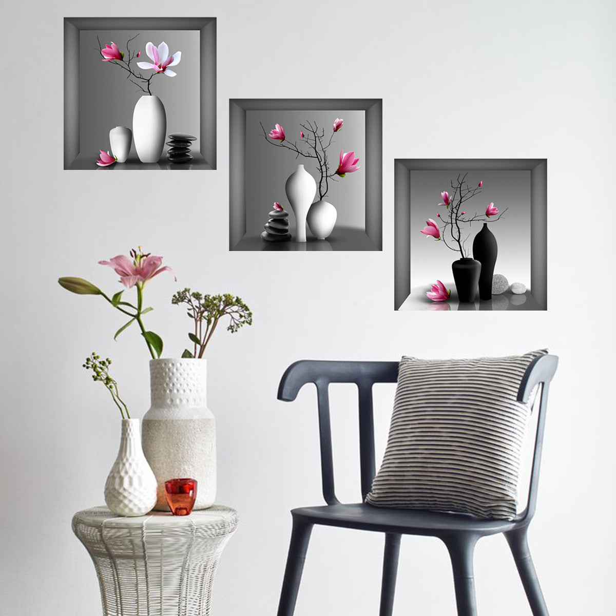 3pcs Elegant Floral Wall Decals for Bedroom and Living Room - Self-Adhesive Removable Stickers for Home Decor