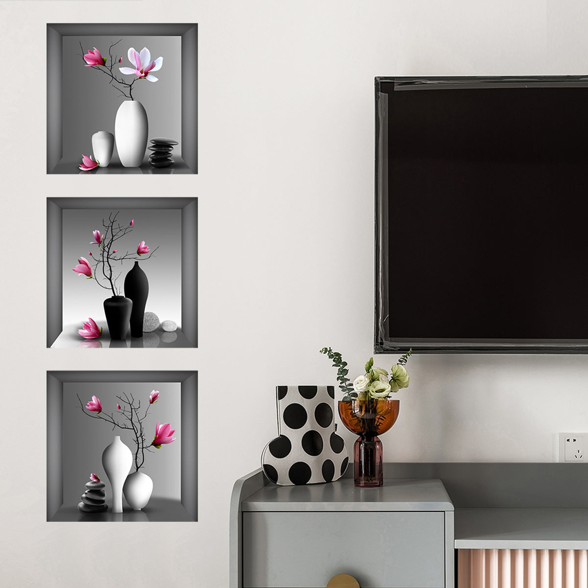 3pcs Elegant Floral Wall Decals for Bedroom and Living Room - Self-Adhesive Removable Stickers for Home Decor