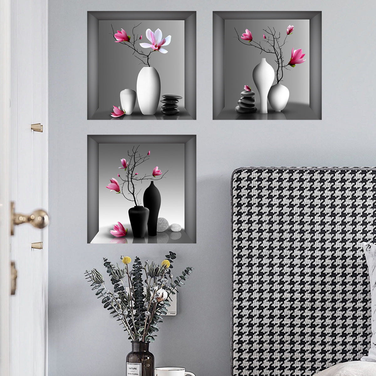 3pcs Elegant Floral Wall Decals for Bedroom and Living Room - Self-Adhesive Removable Stickers for Home Decor