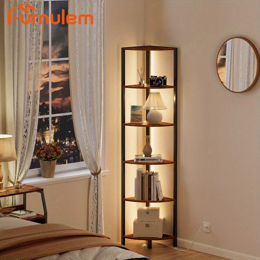 Furnulem Corner Shelf with LED Light, Home Storage Display in Small Space, Narrow Bookshelf in Home and Office