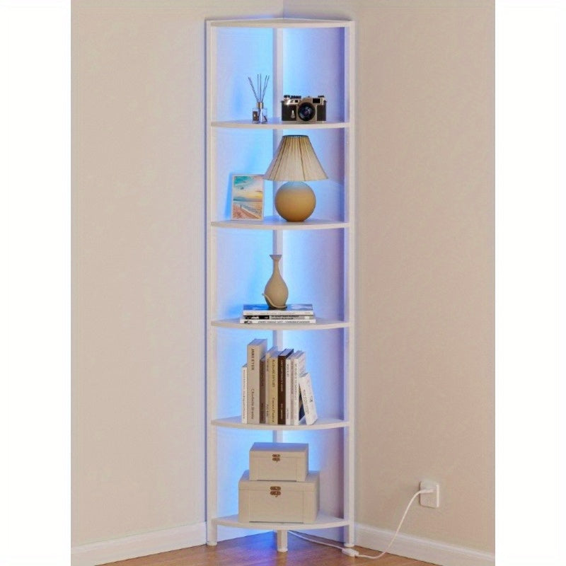Furnulem Corner Shelf with LED Light, Home Storage Display in Small Space, Narrow Bookshelf in Home and Office