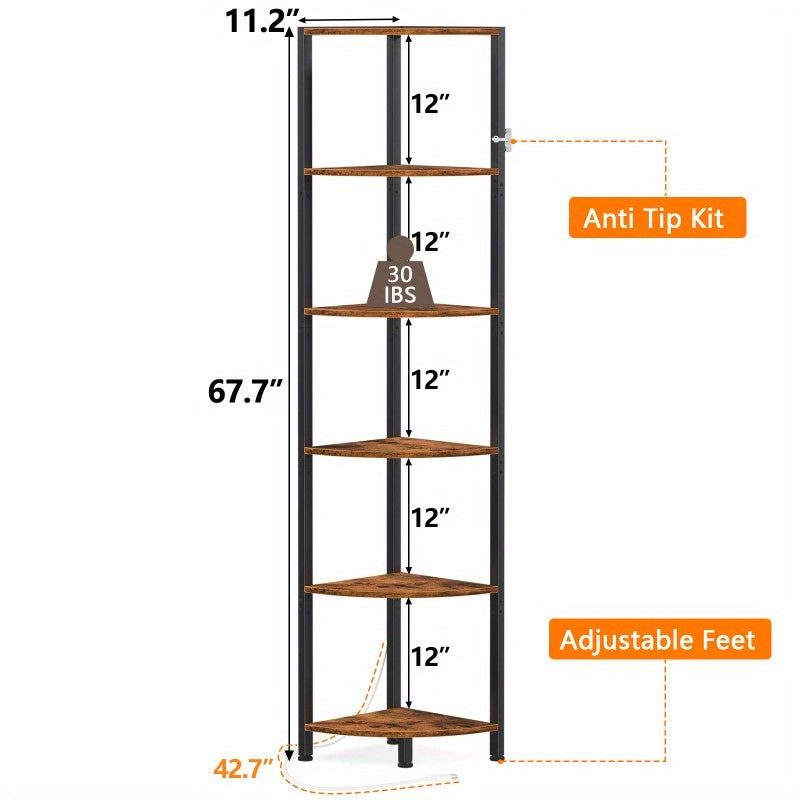 Furnulem Corner Shelf with LED Light, Home Storage Display in Small Space, Narrow Bookshelf in Home and Office