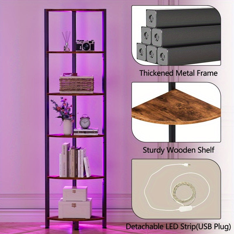 Furnulem Corner Shelf with LED Light, Home Storage Display in Small Space, Narrow Bookshelf in Home and Office