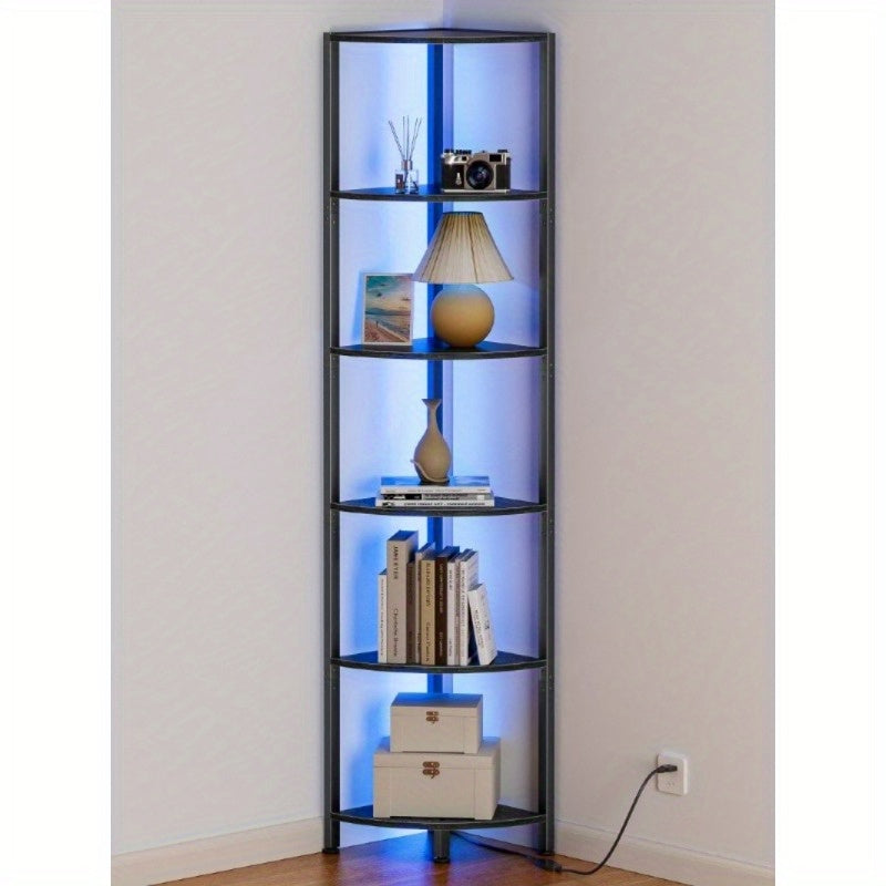 Furnulem Corner Shelf with LED Light, Home Storage Display in Small Space, Narrow Bookshelf in Home and Office
