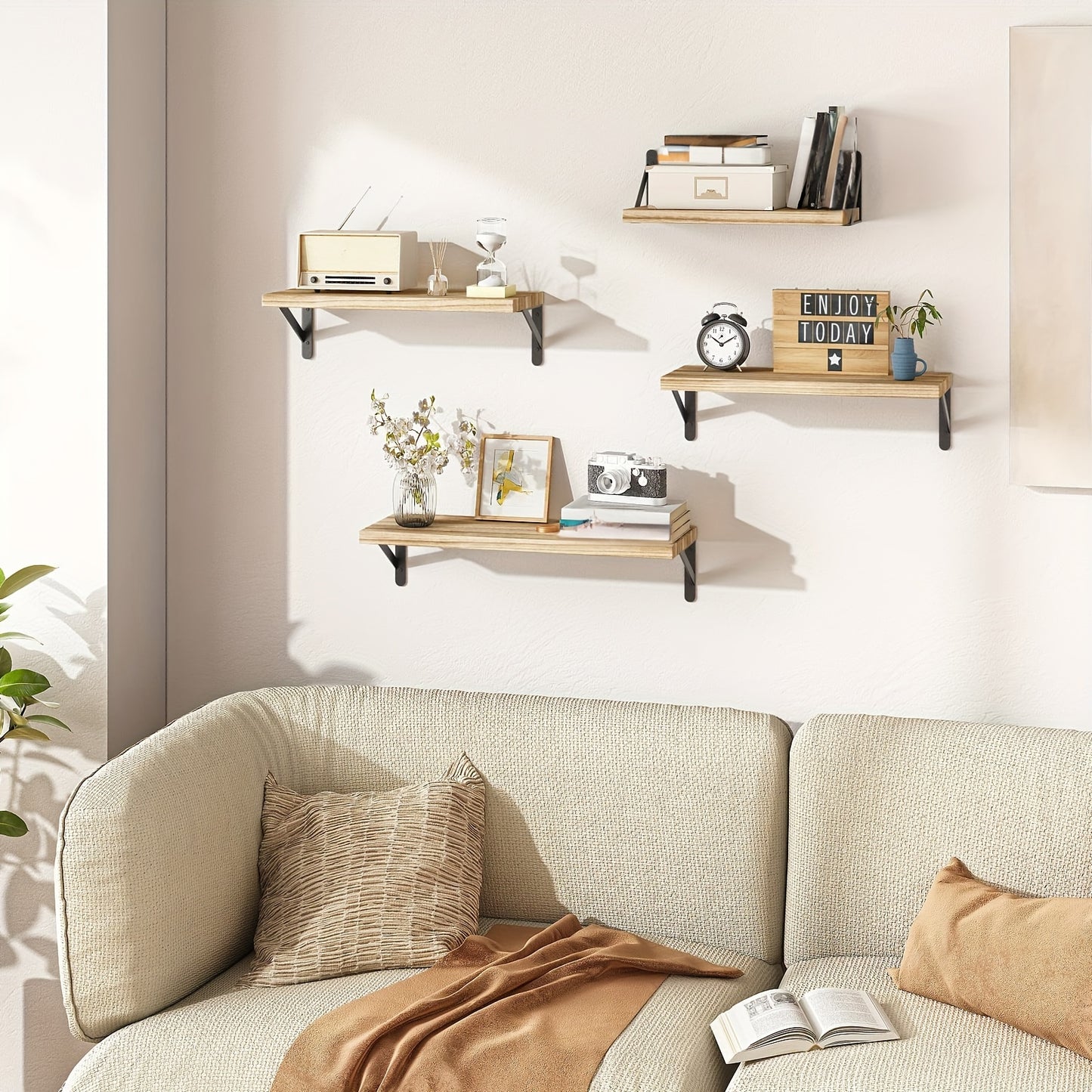 [4pcs Floating Wall Shelves] 4pcs Floating Shelves, Wall Decoration Shelves, Wall Mounted Shelves, For Bathroom, Bedroom, Living Room, And Plants, Home Storage Decoration Utility Shelf