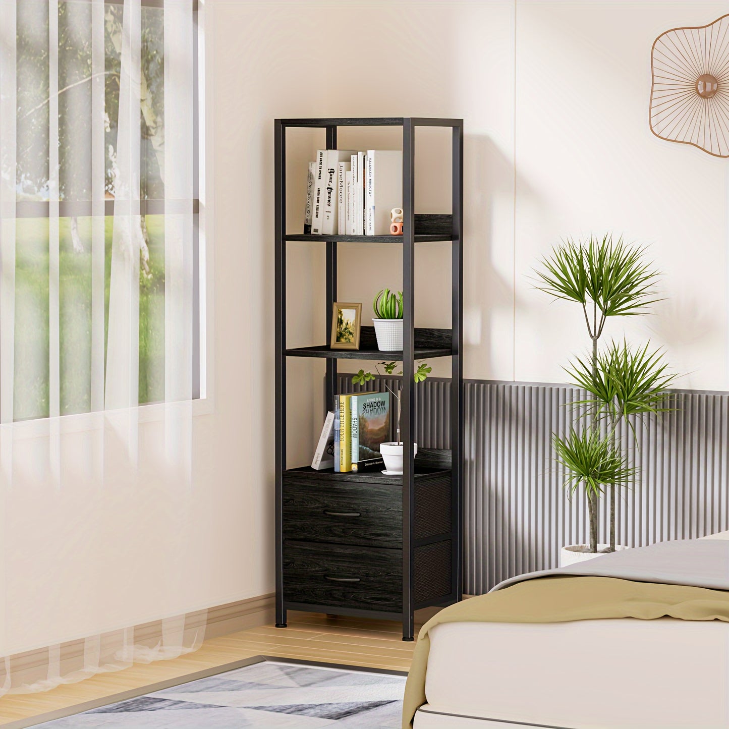 Furnulem Corner Shelf with LED Light, Home Storage Display in Small Space, Narrow Bookshelf in Home and Office