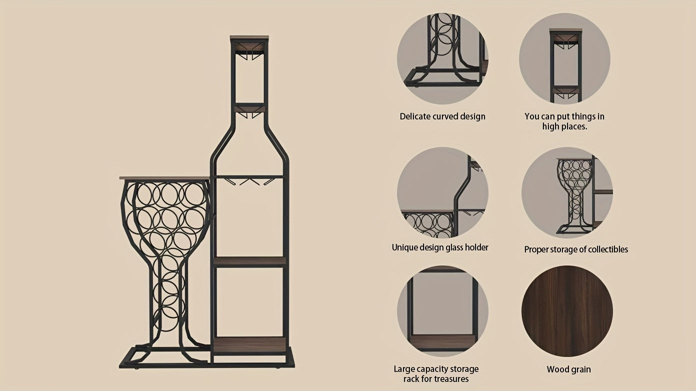 5-Tier Freestanding 11 Bottle Beverage Holder - Storage with Hanging Goblet Holder And Multiple Storage Shelves - Perfect for Home, Storage in Kitchen, Dining Room, Or Any Room, This Is The Perfect Piece of Storage Furniture