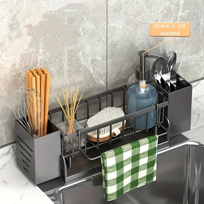 Versatile Kitchen Sink Organizer with Drain - Holds Sponges, Utensils & More, Includes Side Bars & Cutlery Holder, Perfect for Home Storage, Drying Racks