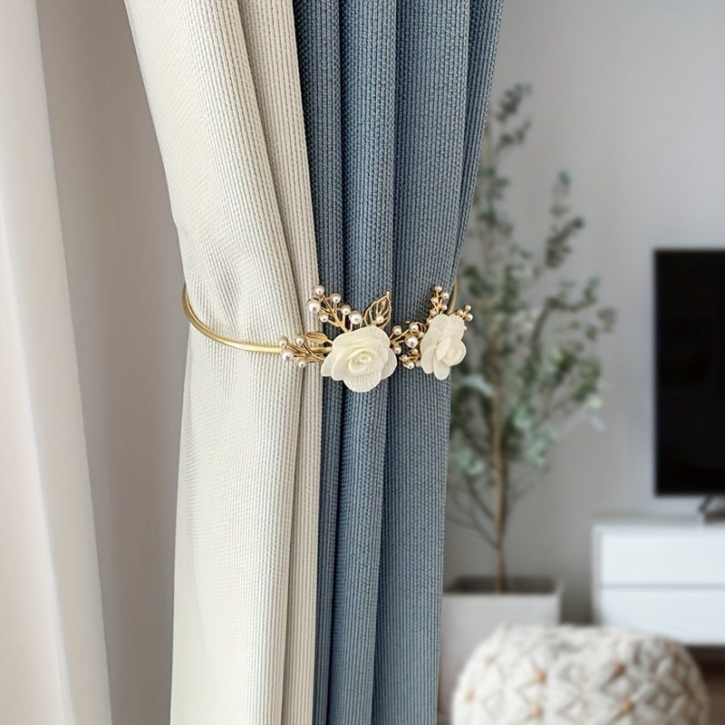 1pc Elegant Metal Faux Pearl Curtain Holdback with Three-dimensional Flower Design - Perfect for Bedroom, Office, Kitchen, Living Room, and Study - Adds a Touch of Luxury to Your Home Decor