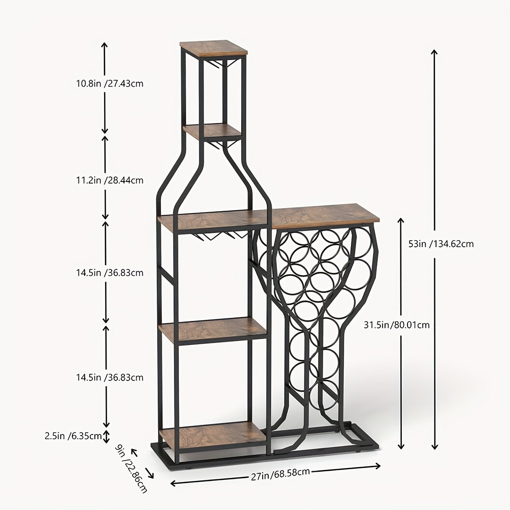 5-Tier Freestanding 11 Bottle Beverage Holder - Storage with Hanging Goblet Holder And Multiple Storage Shelves - Perfect for Home, Storage in Kitchen, Dining Room, Or Any Room, This Is The Perfect Piece of Storage Furniture