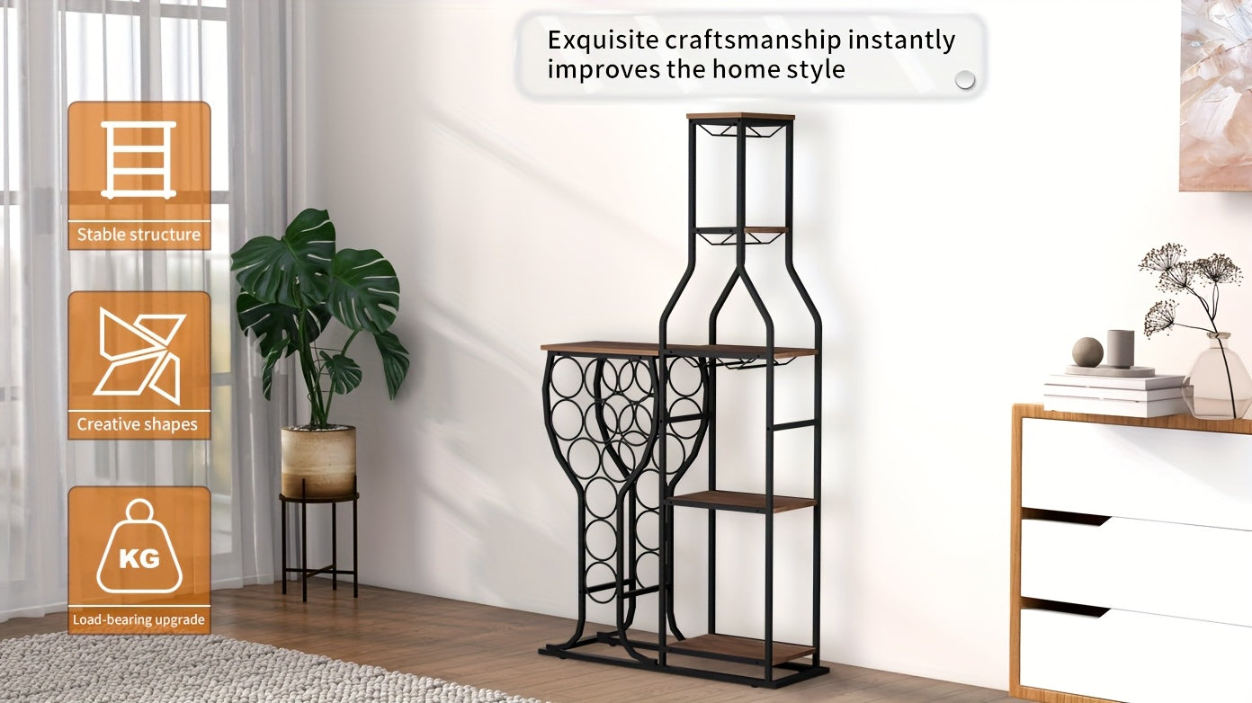 5-Tier Freestanding 11 Bottle Beverage Holder - Storage with Hanging Goblet Holder And Multiple Storage Shelves - Perfect for Home, Storage in Kitchen, Dining Room, Or Any Room, This Is The Perfect Piece of Storage Furniture