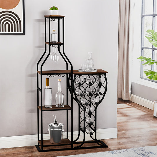 5-Tier Freestanding 11 Bottle Beverage Holder - Storage with Hanging Goblet Holder And Multiple Storage Shelves - Perfect for Home, Storage in Kitchen, Dining Room, Or Any Room, This Is The Perfect Piece of Storage Furniture