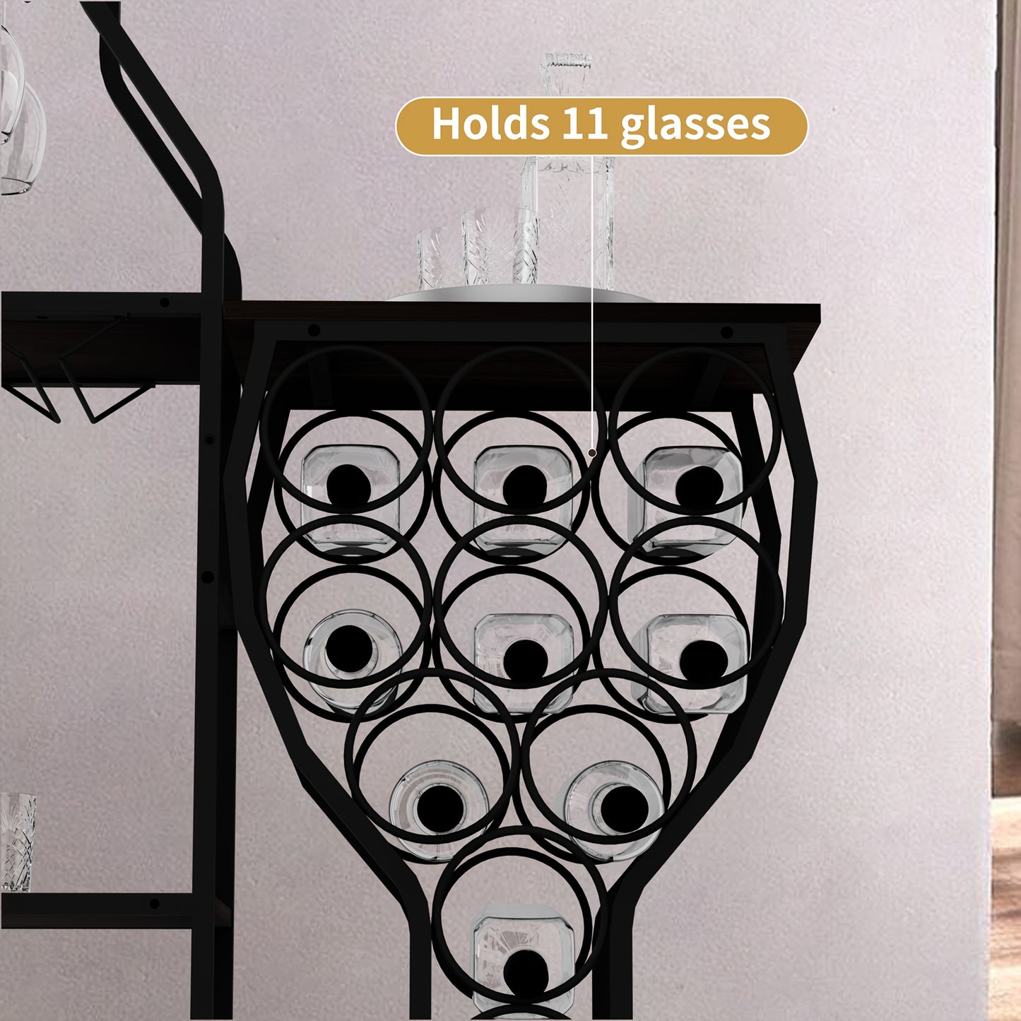 5-Tier Freestanding 11 Bottle Beverage Holder - Storage with Hanging Goblet Holder And Multiple Storage Shelves - Perfect for Home, Storage in Kitchen, Dining Room, Or Any Room, This Is The Perfect Piece of Storage Furniture