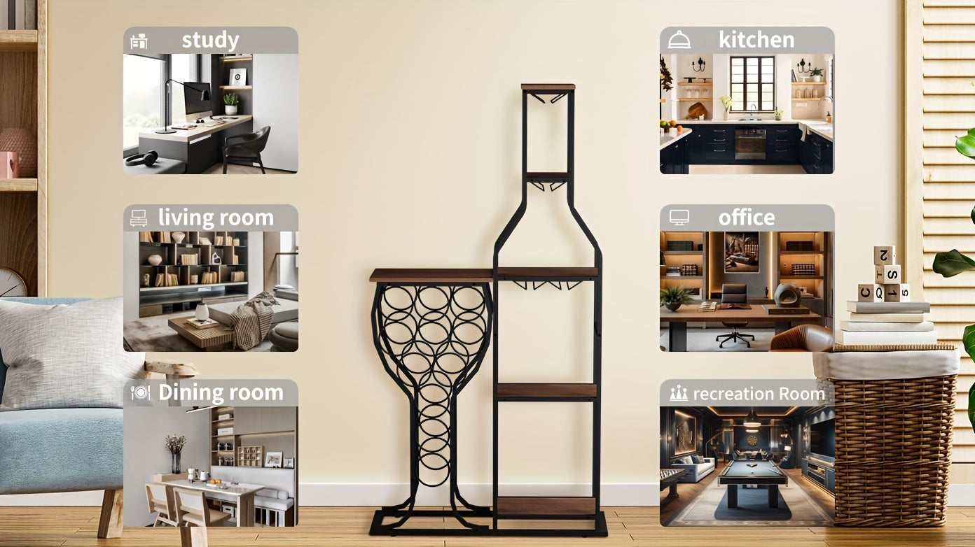 5-Tier Freestanding 11 Bottle Beverage Holder - Storage with Hanging Goblet Holder And Multiple Storage Shelves - Perfect for Home, Storage in Kitchen, Dining Room, Or Any Room, This Is The Perfect Piece of Storage Furniture