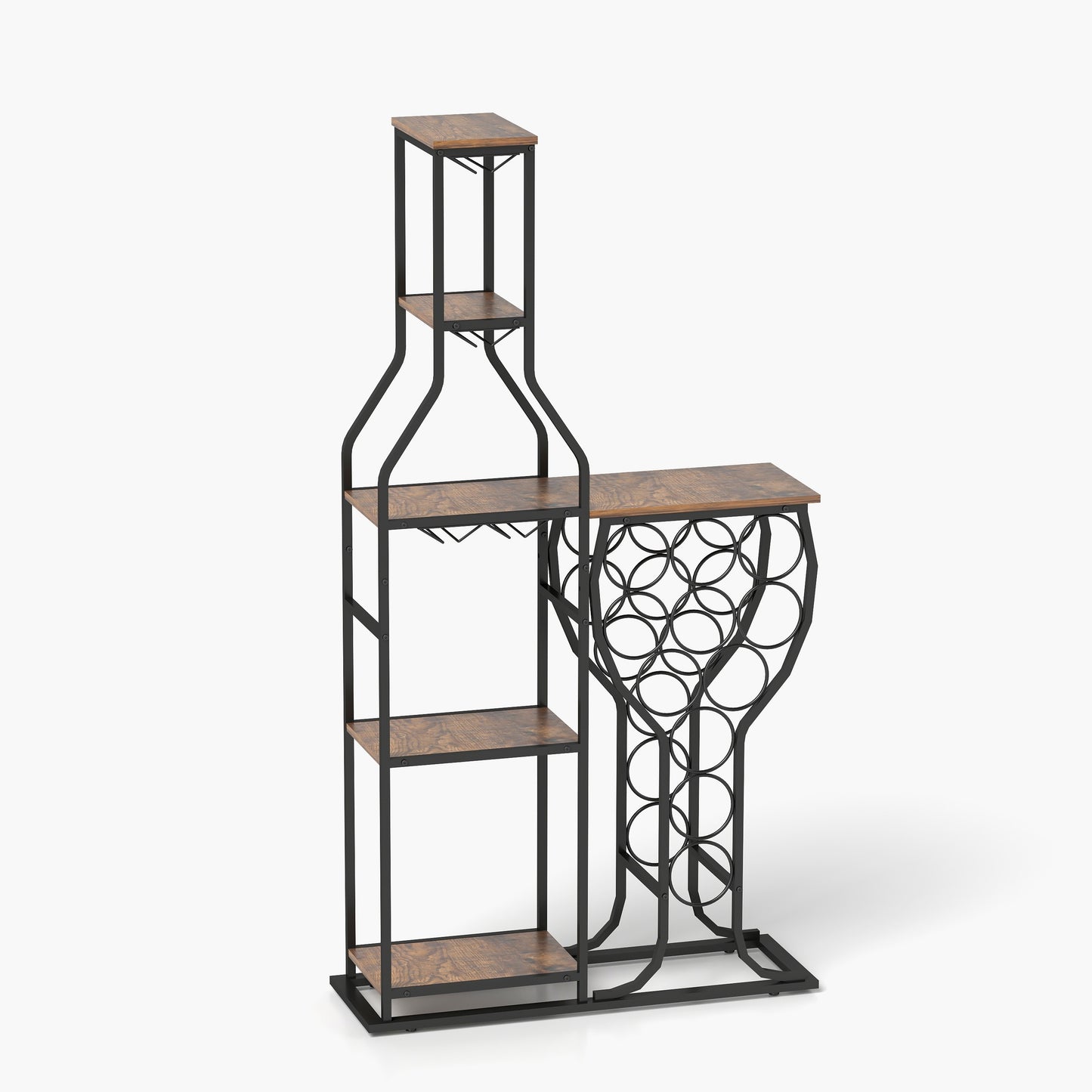 5-Tier Freestanding 11 Bottle Beverage Holder - Storage with Hanging Goblet Holder And Multiple Storage Shelves - Perfect for Home, Storage in Kitchen, Dining Room, Or Any Room, This Is The Perfect Piece of Storage Furniture