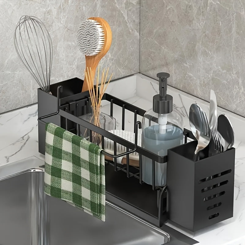 Versatile Kitchen Sink Organizer with Drain - Holds Sponges, Utensils & More, Includes Side Bars & Cutlery Holder, Perfect for Home Storage, Drying Racks