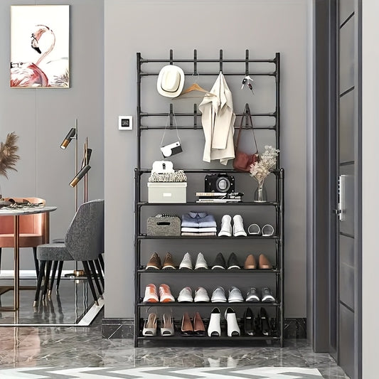 Black Metal Entryway Organizer with Hooks – Multi-Tiered Shoe Rack, Clothes Hanger, and Bench for Home Storage – Perfect for Shoes, Jackets, Hats, Bags, and Umbrellas – Stylish Corridor Shelving Unit for Modern Entryway