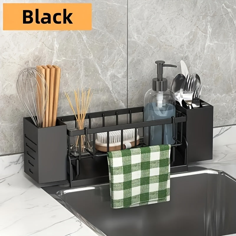 Versatile Kitchen Sink Organizer with Drain - Holds Sponges, Utensils & More, Includes Side Bars & Cutlery Holder, Perfect for Home Storage, Drying Racks