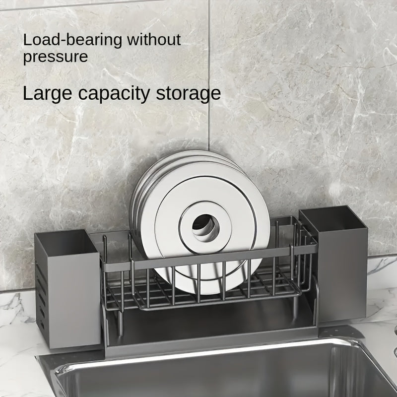 Versatile Kitchen Sink Organizer with Drain - Holds Sponges, Utensils & More, Includes Side Bars & Cutlery Holder, Perfect for Home Storage, Drying Racks